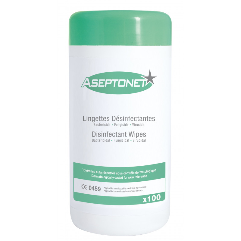 Pot de 100 Lingettes désinfectantes et nettoyantes ASEPTONET - Blanc - 20 cm