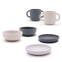 Assiette + Bol + Verre à ventouses gris et blanc
