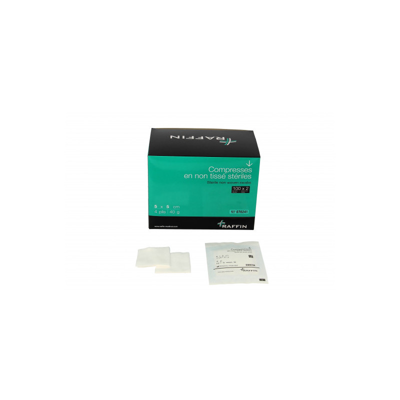Compresse non-tissé stérile - 5 x 5 cm - boîte de 100 - Raffin - Blanc