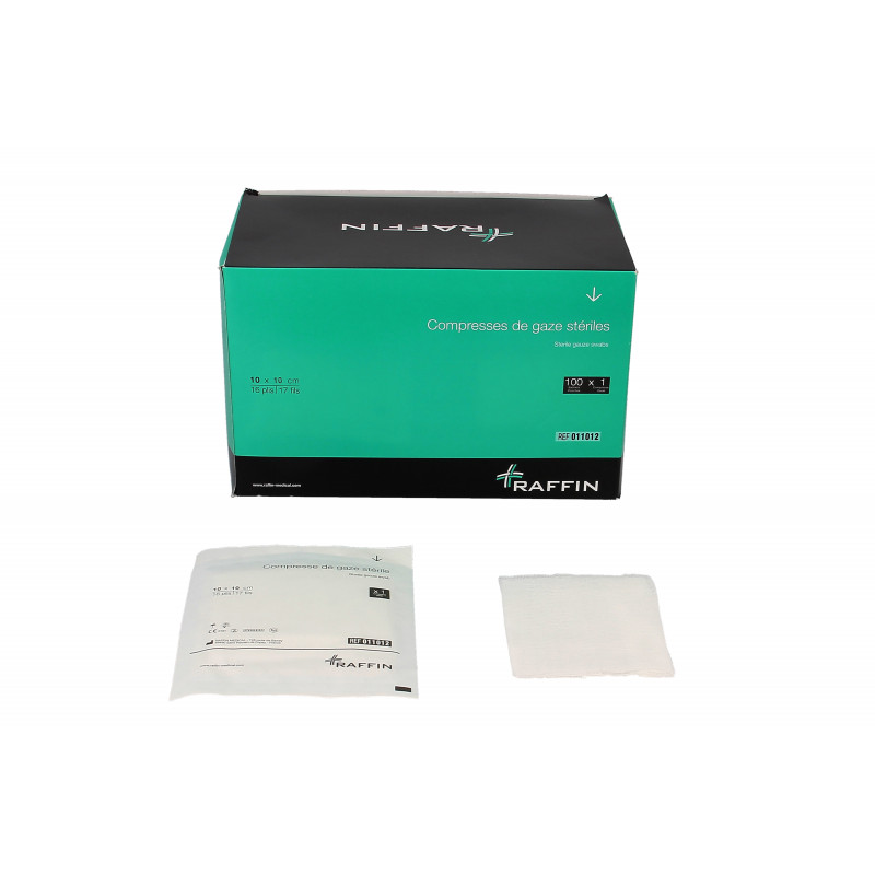 Compresses de gaze stériles - 10 x 10 cm - 100 sachets de 1 compresse - Raffin - Blanc