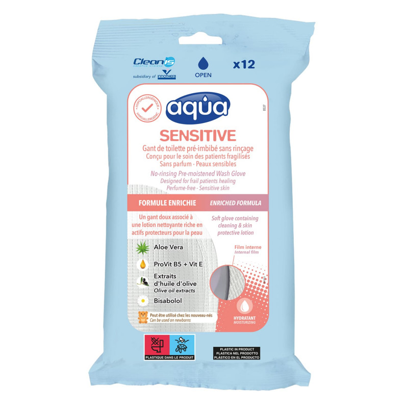 Gants de toilette pré-imbibés Aqua Sensitive Cleanis - Taille : Universel - Blanc - Universel
