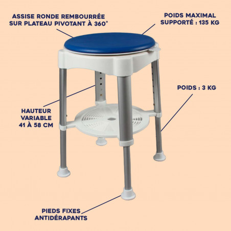 Tabouret de douche pivotant avec plateau