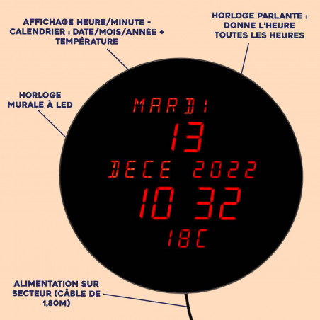 Horloge calendrier LED parlante avec température Aplós