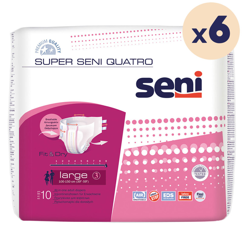 6 paquets - Changes complets SENI QUATRO - Nuit - L - 60 unités