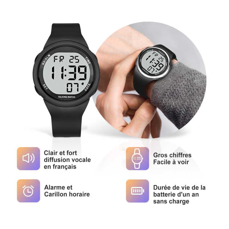 Montre parlante mixte pour malvoyant avec date et alarme