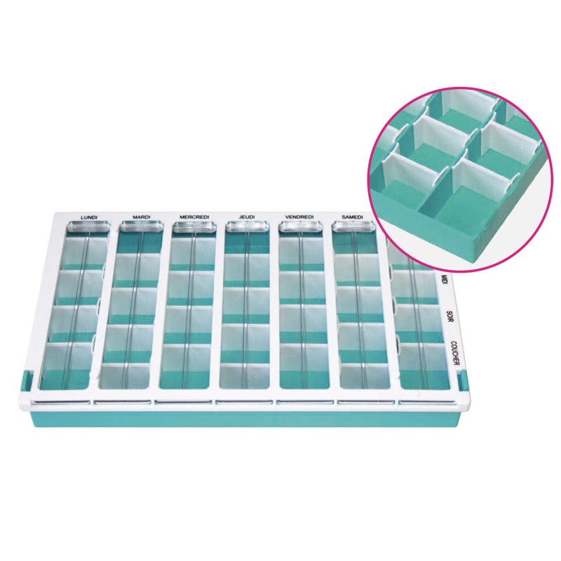 Pilulier géant hebdomadaire hospitalier avec cases réglables Practicima - 19,9 cm