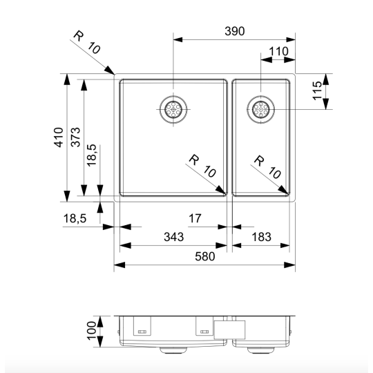 Evier PMR inox 2 cuves avec bonde
