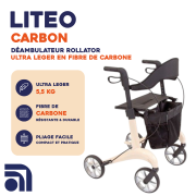 TOUS ERGO - Liteo Carbon - Déambulateur Rollator Fibre de Carbone Ultra Léger 5,5 kg - Pliable avec Siège, Panier et Dossier