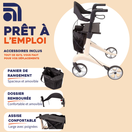 TOUS ERGO - Liteo Carbon - Déambulateur Rollator Fibre de Carbone Ultra Léger 5,5 kg - Pliable avec Siège, Panier et Dossier
