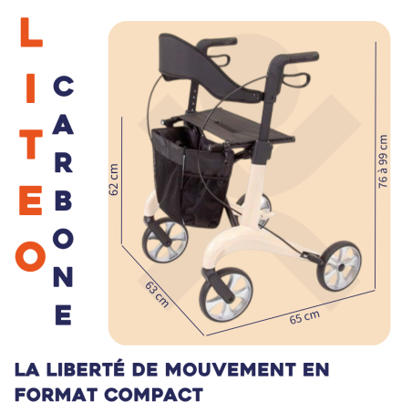 TOUS ERGO - Liteo Carbon - Déambulateur Rollator Fibre de Carbone Ultra Léger 5,5 kg - Pliable avec Siège, Panier et Dossier