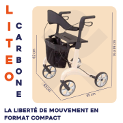 TOUS ERGO - Liteo Carbon - Déambulateur Rollator Fibre de Carbone Ultra Léger 5,5 kg - Pliable avec Siège, Panier et Dossier