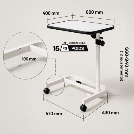 Table de lit sur roulettes