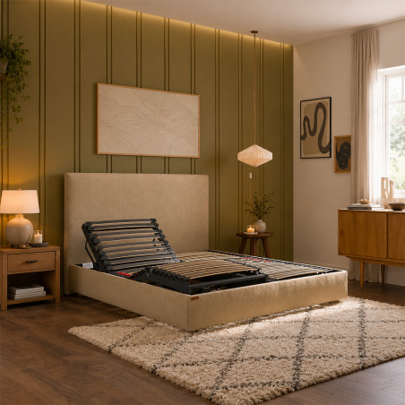 Pack sommier électrique en lin avec pieds et tête de lit en lin