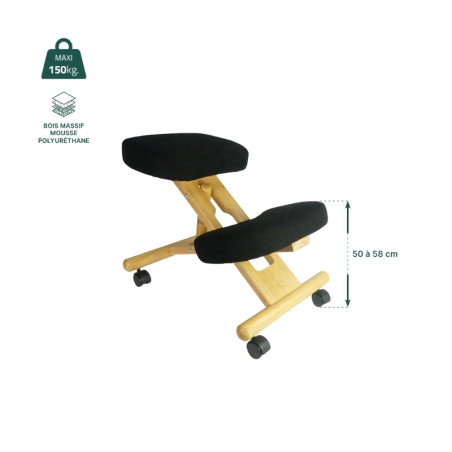 Siège assis genoux ergonomique à roulettes noir en mousse