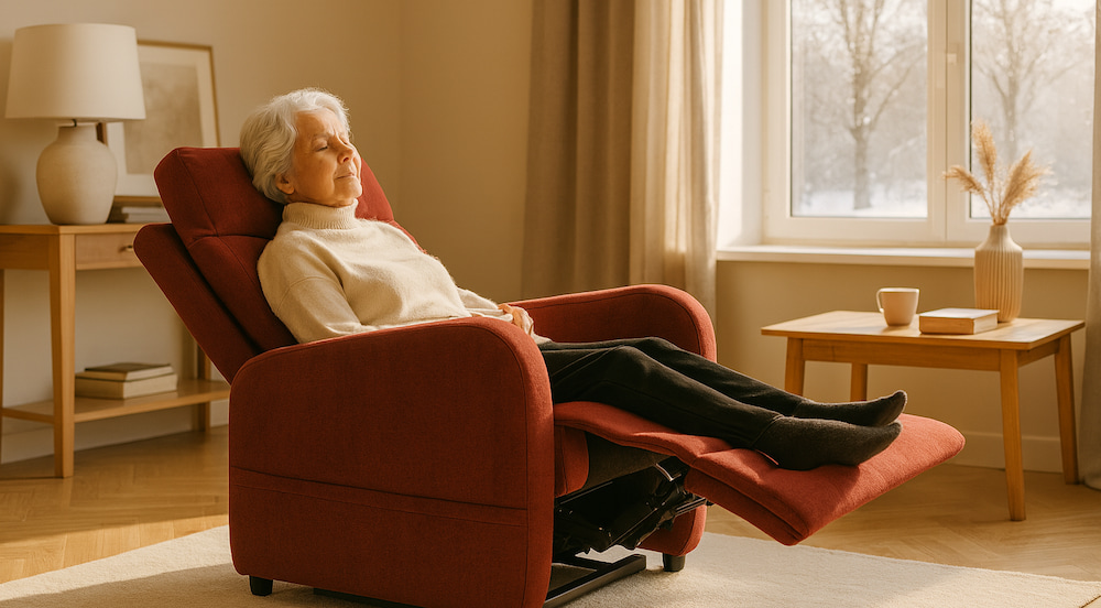 Image d'une femme âgée détendue dans le fauteuil releveur grand format Titan, de chez TOUS ERGO